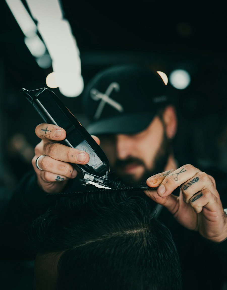 A barber finishing a haircut