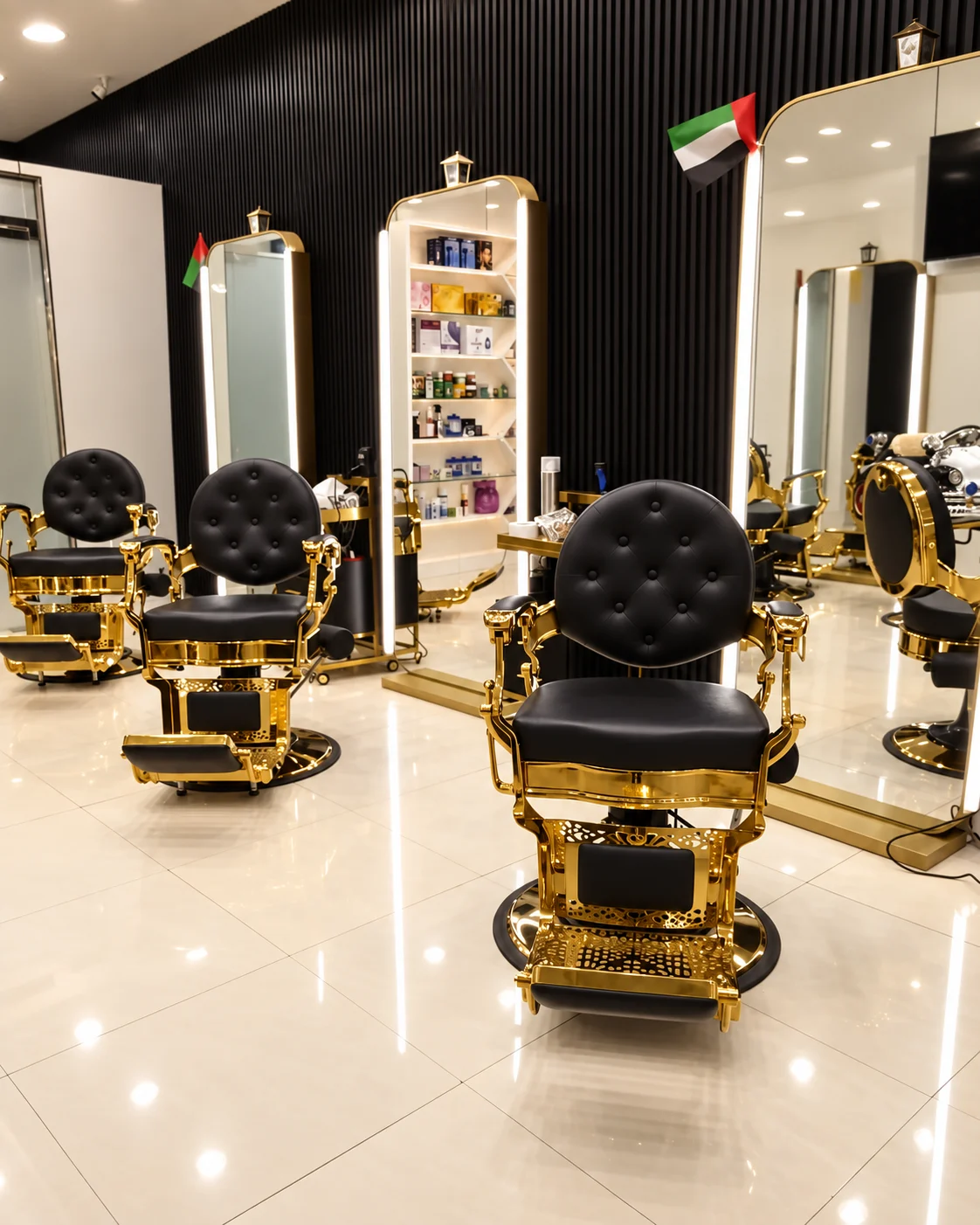 Empty black and gold barber chairs with illuminated mirrors