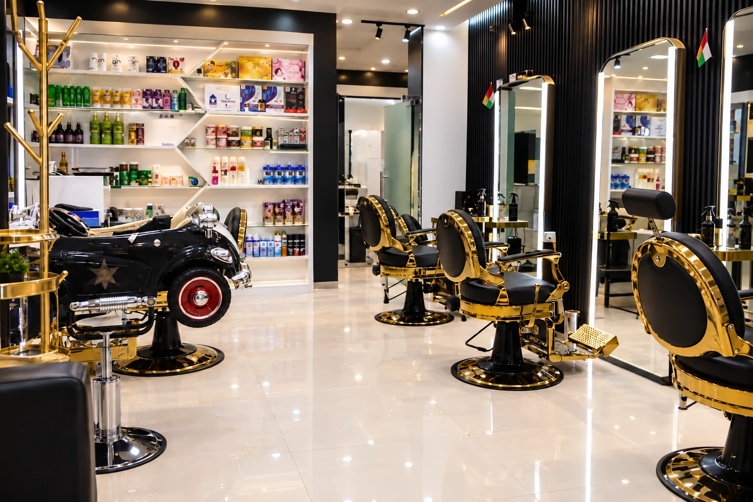The empty salon, with gold barber chairs, illuminated mirrors and the children’s car chair