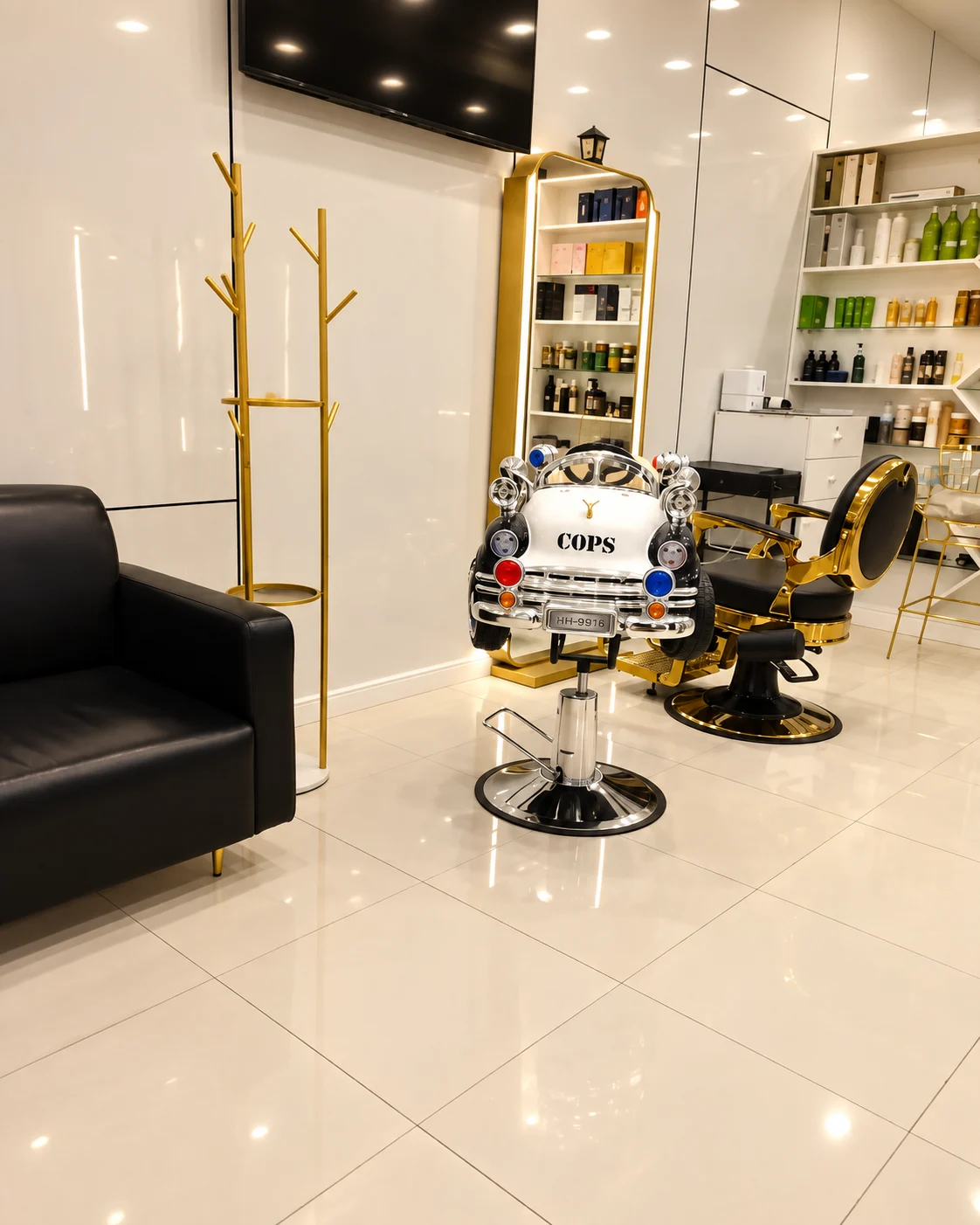 The children’s car chair beside the salon’s waiting area